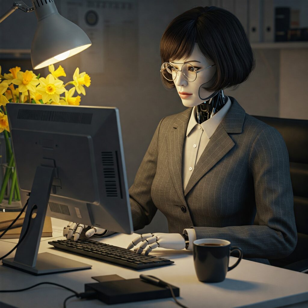 Bom Dia, Futuro. Uma robô feminina trabalha ao computador. Representa a jornalista Gabriela de Paula de forma bem-humorada.